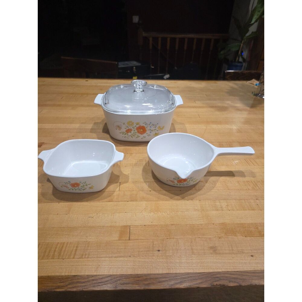Vintage CorningWare Wildflower Casserole & Saucepan Set 3 Piece Dish Lot